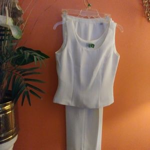 White pinstripe suite with black stripes.